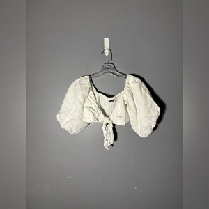 Zara 100% Linen Puff Sleeve Tie Front Crop Top Women’s Size XS